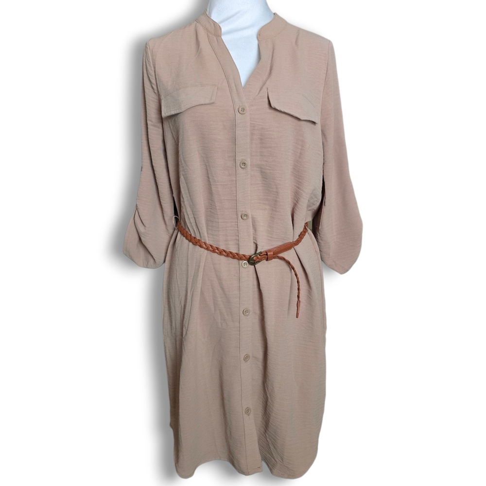 NWT Sweet Envy Sleeve Tan Shirt Button Up Belted Dress - Size Medium